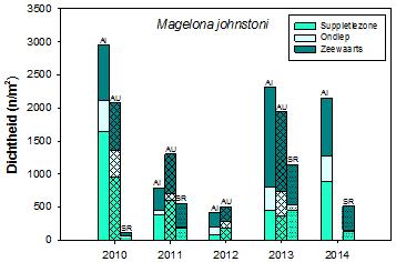 5.5.2 Magelona johnstoni De opportunistische borstelworm Magelona johnstoni is direct na de suppletie afgenomen in gemiddelde dichtheid per monster (Figuur 5.29).