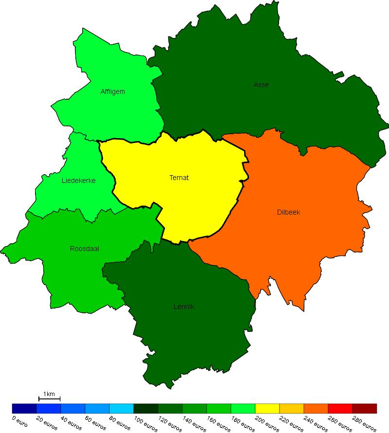 Vastgoed Prijs van bouwgrond in Ternat en omgeving Gemiddelde prijs in e/m 2 van bouwgrond in Ternat en omgeving Bron : Berekeningen van de ADSEI (FOD Economie) op basis