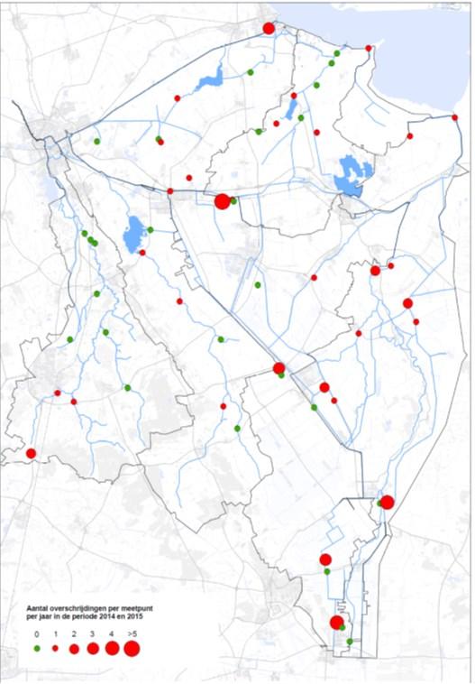 Figuur 5.Locaties van de meetpunten met overschrijdingen Afwenteling Op het inlaatpunt bij het Scholtenskanaal (zuidelijke aanvoerroute) zijn in 2016 gewasbeschermingsmiddelen gemeten.
