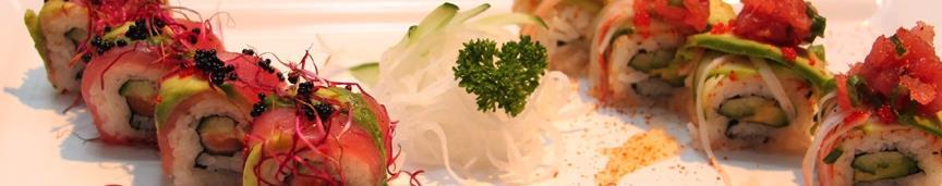 Uramaki-Specials 14,- (per rol) Tempura Ebi roll Sake/Avocado roll Salmon Skin Tao Vega special (in 8/9 stuks gesneden) Garnaal/chilipoeder Zalm/avocado Gefrituurde salmonskin, avocado - Vegetarische