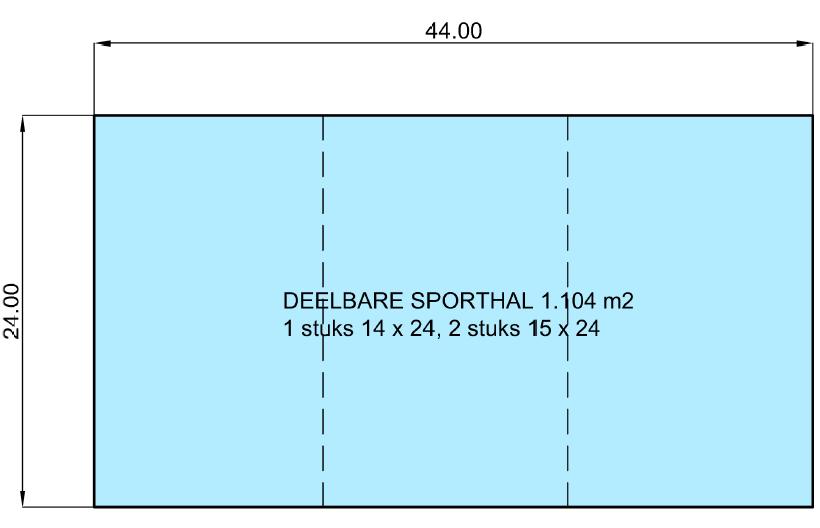 Voor een grote (deelbare) sporthal zou volgens de NOC*NSF eisen volstaan kunnen worden met een hal van 24 x 44 meter (1.056 m2).