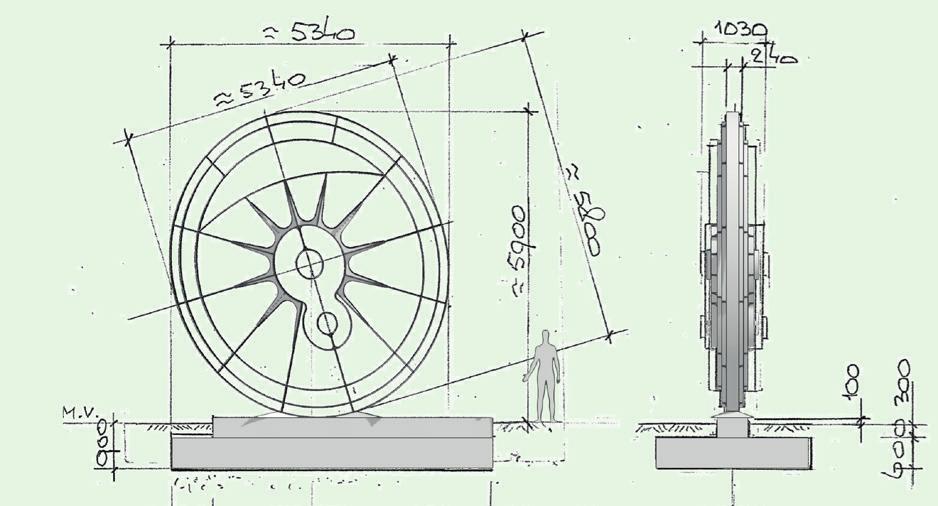 MATEN KUNSTWERK Het wiel is krap 6 meter hoog.