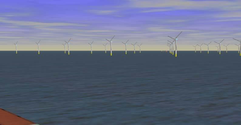 In Figuur 3-3 is nog geen tweede schip te zien en in Figuur 3-4 is het tweede schip wel aanwezig (herkenbaar aan het rode stipje juist onder de horizon, links van de rij windturbines op 3/4 van de