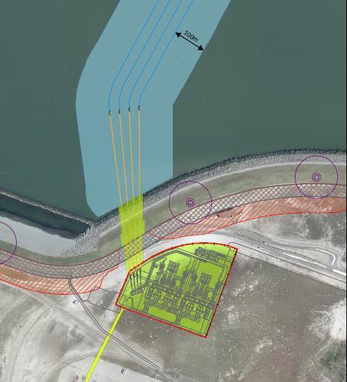 15 Figuur 2.2 Illustratie twee aanlandingsvarianten met belemmerende strook (groen) in verhouding tot de beoogde plaatsing van windturbines (paarse cirkels).