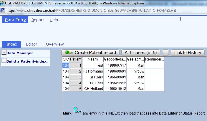 Patient-index, en vervolgens op Get all cases (refresh), zie figuur 6 hieronder.