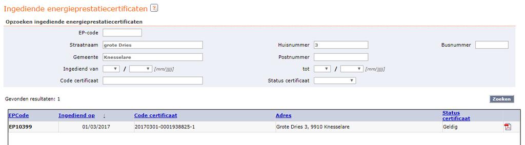 De adressen vermeld in de pdf documenten van de reeds ingediende energieprestatiecertificaten kunnen niet gewijzigd worden, omdat deze pdf éénmalig aangemaakt en zo