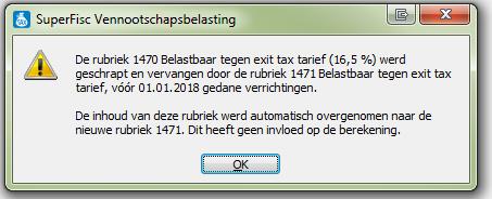 3.3. Werking reeds bewaarde aangiftes In reeds bewaarde aangiftes wordt de rubriek 1470 Belastbaar tegen exit tax tarief (16,5 %) geschrapt en vervangen door de rubriek 1471 Belastbaar tegen exit tax