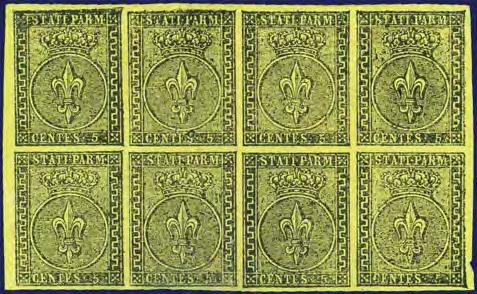 ) - ongebruikt zonder gom, 5 cent zwart 1852 op geel papier in blok van 6, pr.ex.