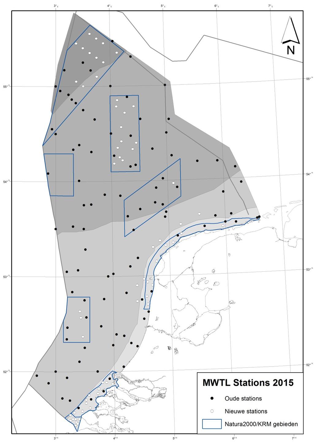 Figuur 1 Ligging van de stations in de Noordzee, met onderscheid tussen historische stations en de nieuw toe- gevoegde stations (voor de KRM).