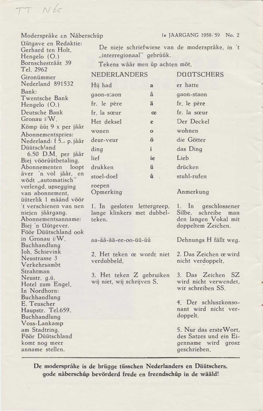 Tl Modersprake en Naberschüp Ie JAARGANG 1958-'59 No. 2 ûütgave en Redaktie: Gerhard ten Holt, De meje schriefwiese van de modersprake, in ' t Hengelo (0.) "interregionaal" gebrüük.