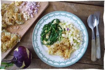 Vegetarisch Hoofdgerecht Rosti met Nieuw Zeelandse spinazie, belegen kaas en koolrabi appel salade In de Krat Aardappelen vastkokend (g) Uien (stuk(s)) Koolrabi (stuk(s)) Appel (stuk(s)) Hart van
