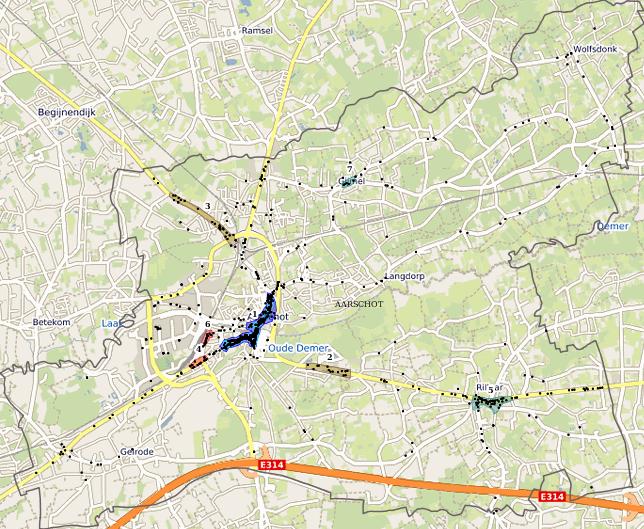Winkelaanbod op kaart voor AARSCHOT, 2017 1) Centrum Aarschot (Hoofdwinkelgebied klein) 2) Baanconcentratie Diestsesteenweg Aarschot (Baanconcentratie) 3) Baanconcentratie Liersesteenweg Aarschot