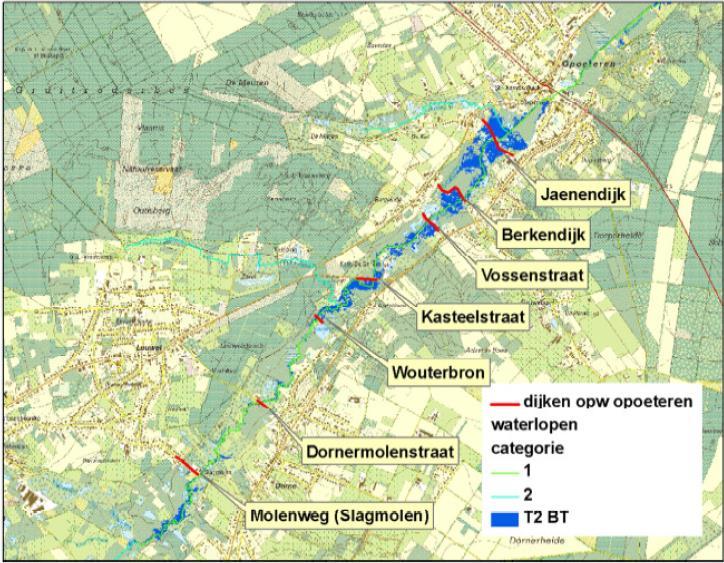 Figuur 5 Bestaande toestand m.b.t. overstromingen (retourperiode 2 