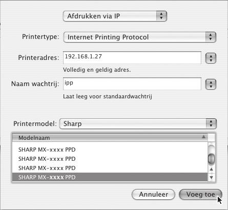 Als u de IPP-functie wilt gebruiken, volgt u deze stappen om het PPD-bestand te selecteren als u de printerdriver configureert (stap 14 op pagina 33