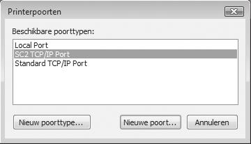 4 Selecteer [SC2 TCP/IP Port] en klik op de knop [Nieuwe poort]. 5 Creëer de nieuwe poort. In Windows 98/Me selecteert u [Overige], [SC2 TCP/IP Port] en vervolgens klikt u op de knop [OK].