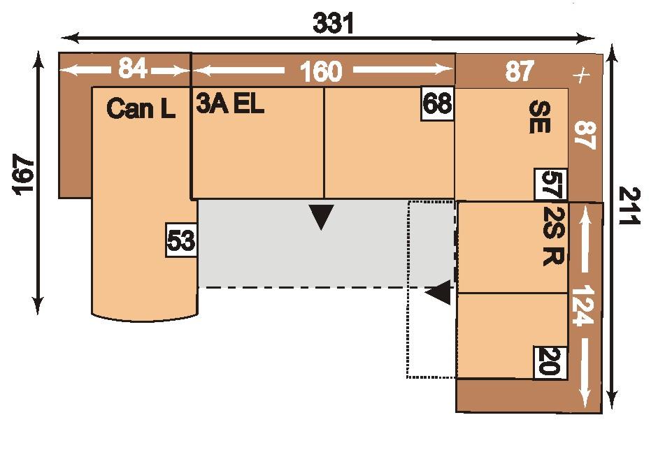 armleuning rechts ligvlak: 249 x 127 cm 2 3AL-SE-1,5SR 3A L = 3-zitter met dwarsslaperfunctie, armleuning links; SE
