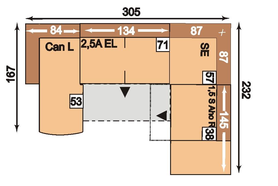 canapé, armleuning links; 3A EL= 3-zitter, met dwarsslaperfunctie, zonder armleuning; SE= spitse hoek; 2S R=