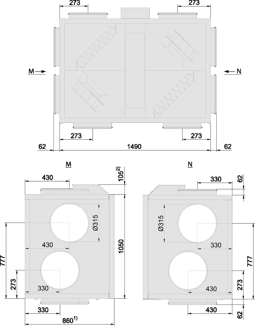 1.1 Afvoerlucht 1.2 Afblaaslucht 2.1 Buitenlucht 2.2 Toevoerlucht Alle afmetingen zijn excl. voering (12 mm) en montageframe (verstelbaar van 105-135 mm).