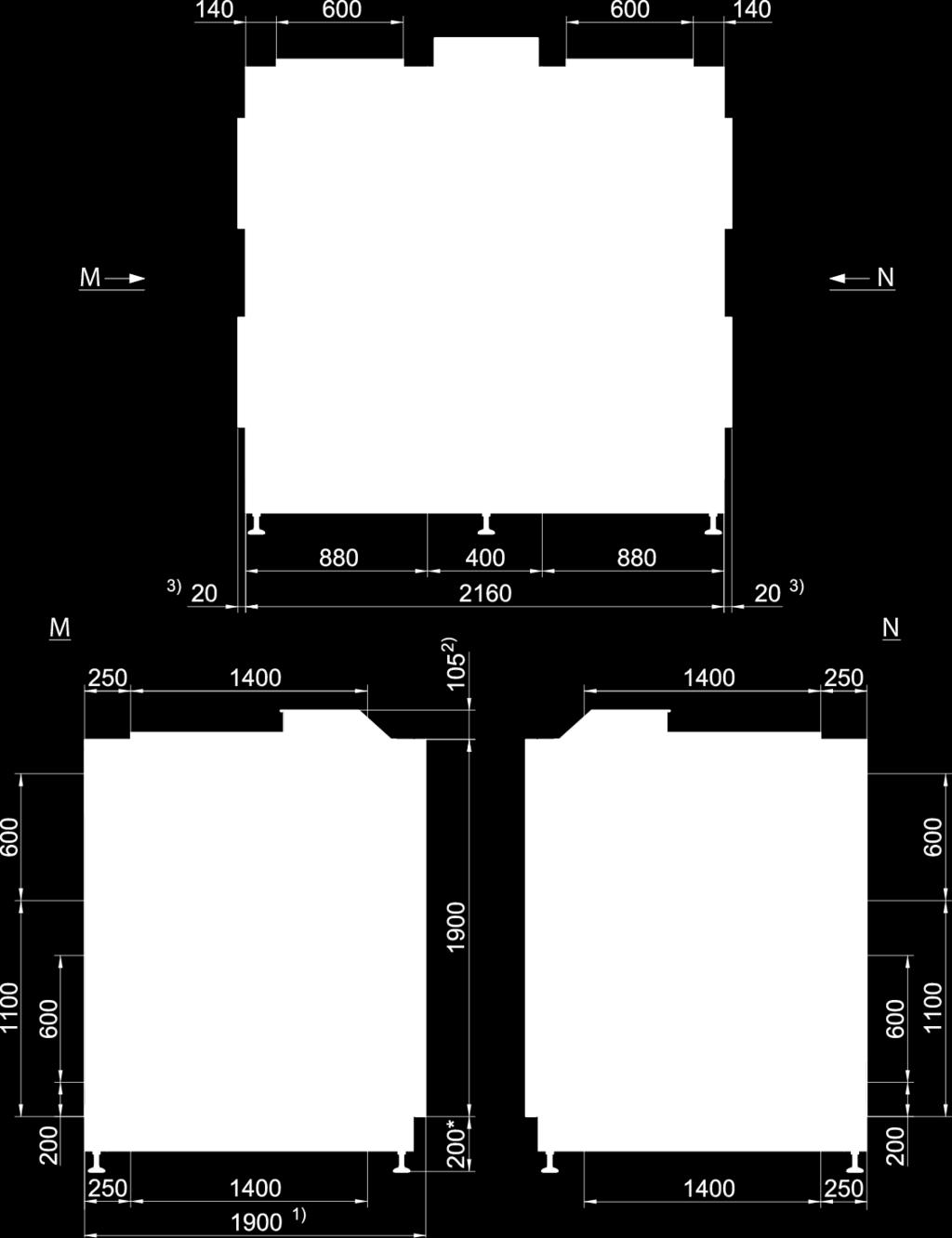 Ventilatorplaatsing 2 (afmetingen unit in mm) 1.1 Afvoerlucht 1.2 Afblaaslucht 2.1 Buitenlucht 2.2 Toevoerlucht 1) Bewaar min. 1000 mm werkafstand vóór de unit. 2) Bewaar min.