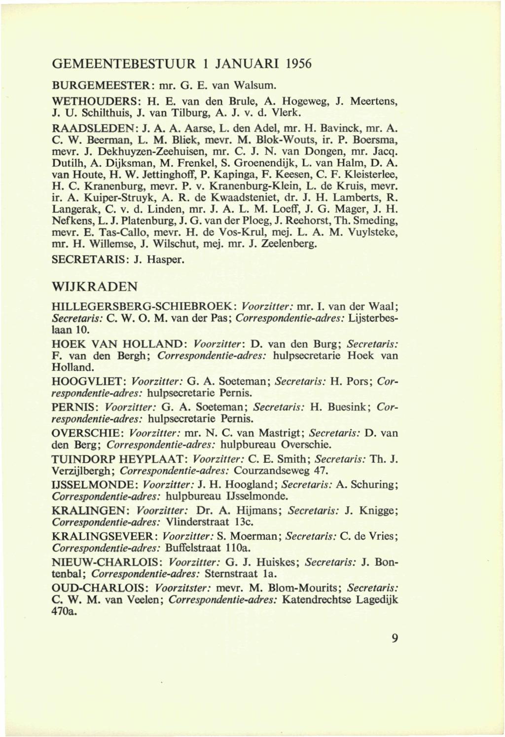 GEMEENTEBESTUUR 1 JANUARI 1956 BURGEMEESTER: mr. G. E. van Walsum. WETHOUDERS: H. E. van den Brule, A. Hogeweg, J. Meertens, J. U. Schilthuis, J. van Tilburg, A. J. v. d. Vlerk. RAADSLEDEN: J. A. A. Aarse, L.
