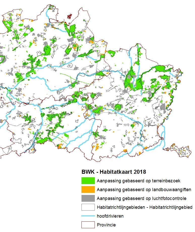 Figuur 1-3 Indicatie van de herkomst, ligging en ruimtelijke spreiding van de aanpassingen aan de BWK-habitatkaart sinds