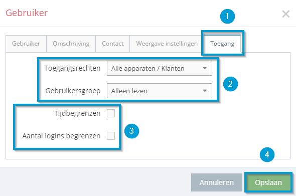 Klik nu op (1) om de instellingen aan te passen. Nu is het tabblad Toegang (1) zichtbaar en kunnen de gebruiker zijn Toegangsrechten geven en Gebruikersgroep (2) koppelen.