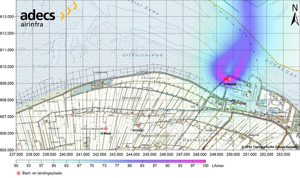 Figuur 11 Indicatie verwachte maximale geluidsniveau tijdens helikopterpassage bij locatie Uithuizerpolder oost.