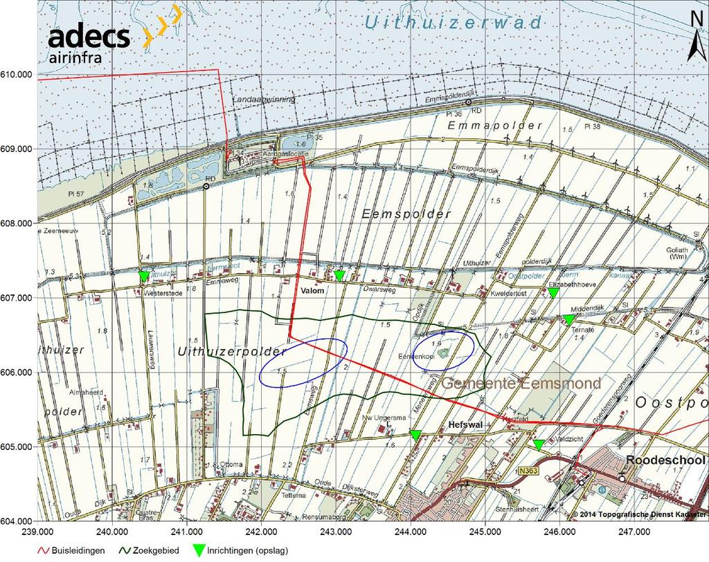 Figuur 13 Ligging van buisleidingen en inrichtingen in de omgeving van de locatie Uithuizerpolder west en oost. 6.5 