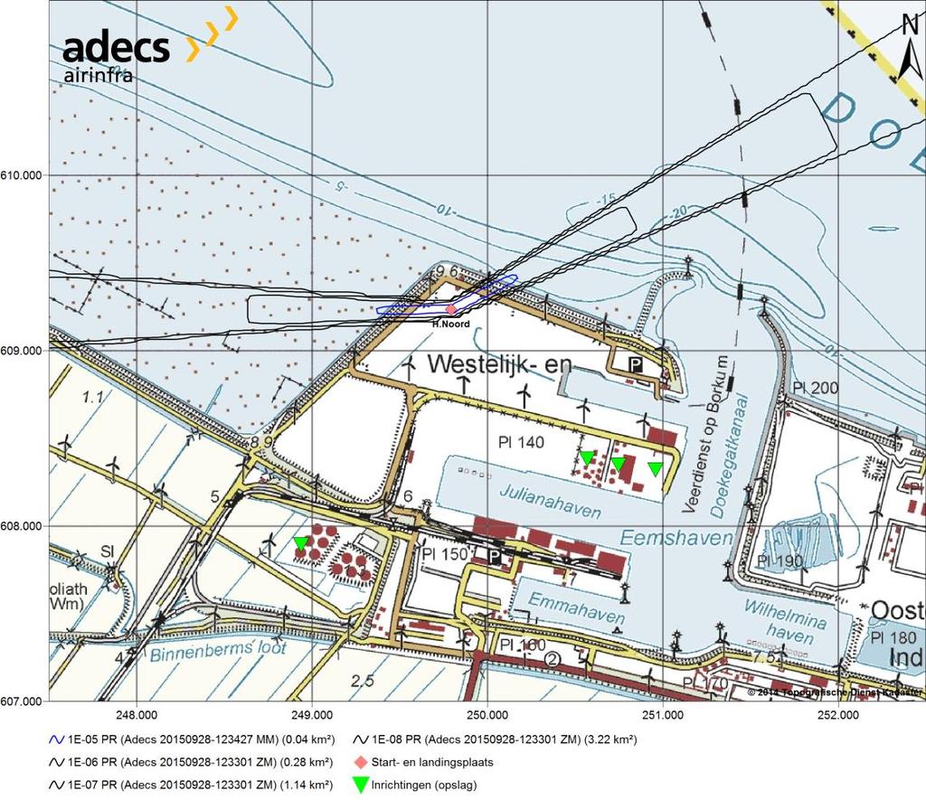 Figuur 19 PR-contouren van 10-5, 10-6, 10-7, en 10-8 variant Eemshaven, inrichtingen met opslag van gevaarlijke stoffen en