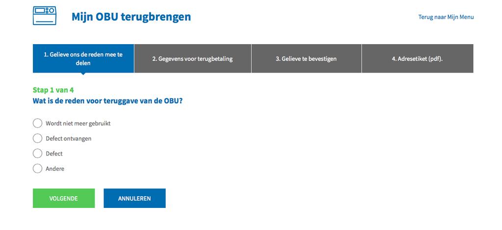 Stap 7: Selecteer de reden waarom u de OBU wilt teruggeven en klik op VOLGENDE.