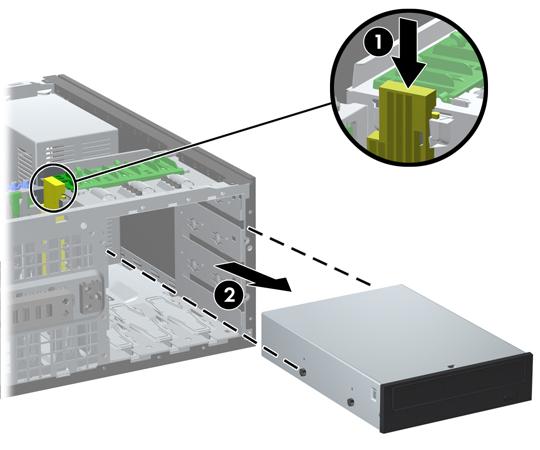 7. Ga als volgt te werk om de schijfeenheid uit de schijfpositie te verwijderen: Als u een schijfeenheid van 5,25 inch wilt verwijderen in de desktopconfiguratie, drukt u de gele schijfvergrendeling