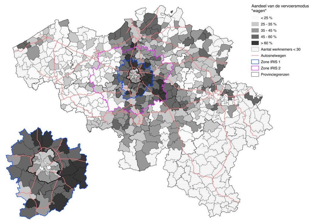 Vervoersmodi en afstanden % trein naar Brussel %