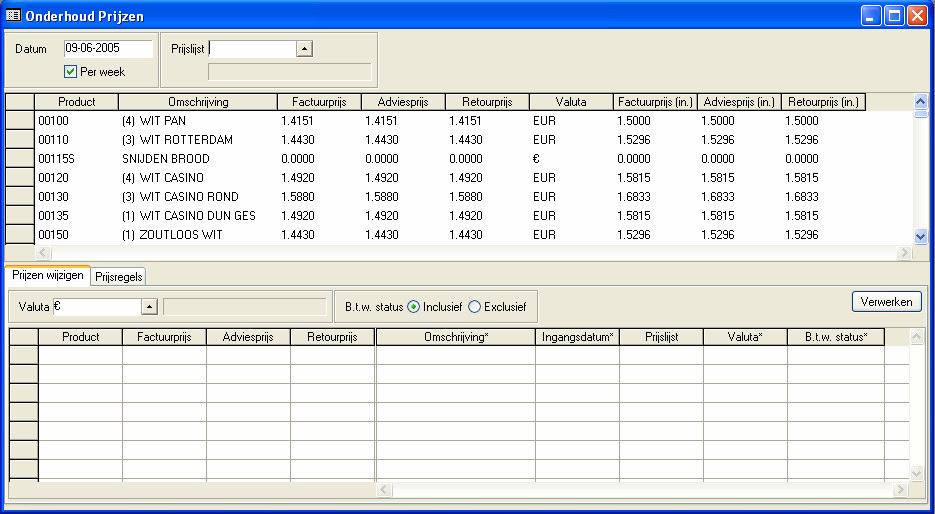 Onderhoud Financieel Prijzen Aanmaken Het aanmaken van prijzen dient op productniveau te gebeuren. Zie [Onderhoud, Producten, Producten] tab financieel.