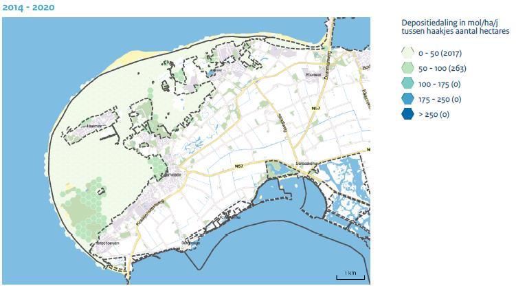 Depositiedaling In Figuur 11 is de verwachte daling van de stikstofdepositie ruimtelijk weergegeven tussen het referentiejaar 2014 en 2020 (boven) en het referentiejaar 2014 en 2030 (onder).