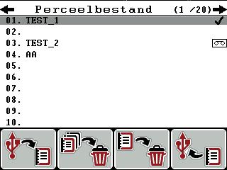 3. Functietoets F1, onder het startsymbool, indrukken. De registratie begint. Het menu Perceelbestand toont het opnamesymbool voor het actuele perceelbestand. Het workscreen toont het opnamesymbool.