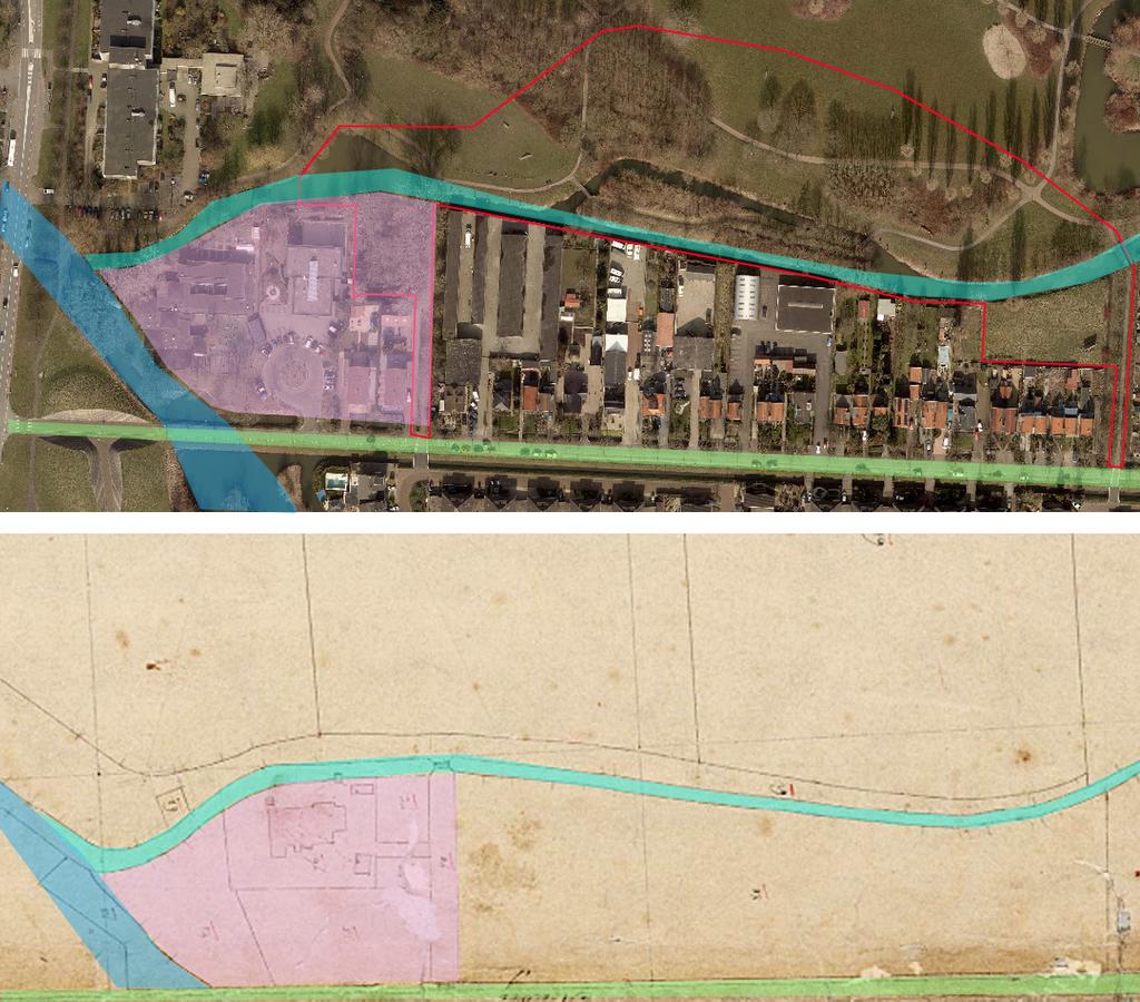 De sloot op de voorgrond is de oorspronkelijke, 17 e eeuwse watergang tussen de Oostkil en de dijksloot van de Zuidendijk (RAD inventarisnrs. 623_5600 (links) 552_330106 (rechts)).