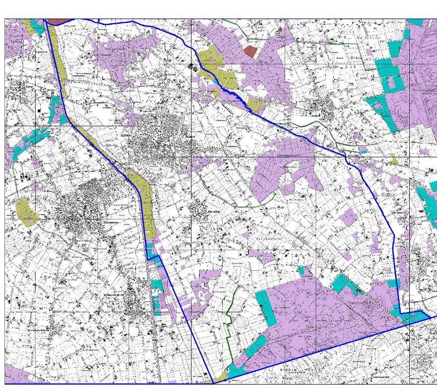 Uitsnede Ecologische Hoofdstructuur met onderscheid in bestaande bos- en natuurgebieden (paars), reservaatsgebieden (blauwgroen), beheersgebieden (bruingroen) en ecologische verbindingszones (groen).