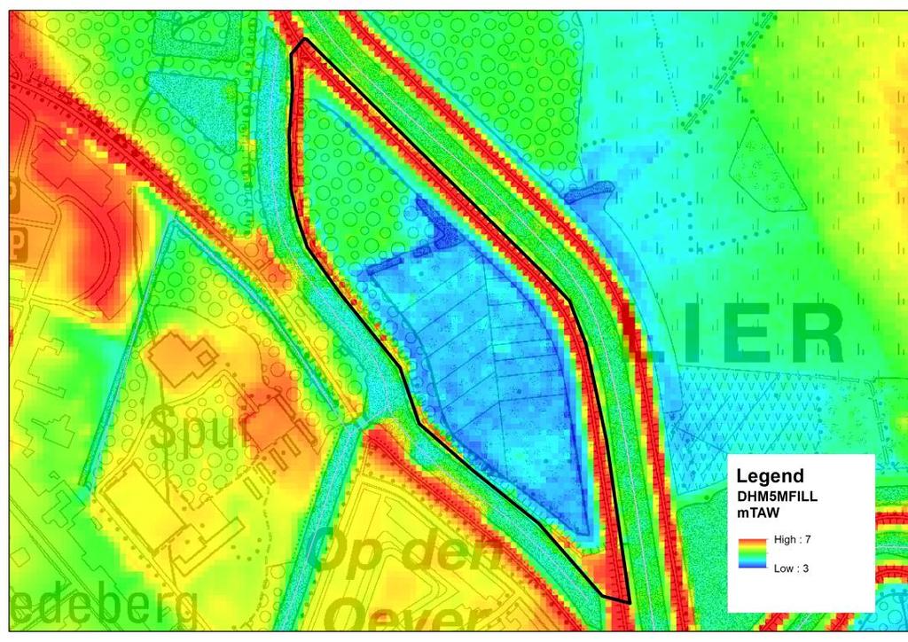 De groene contour geeft de recente overstroomde gebieden (ROG) weer, waar