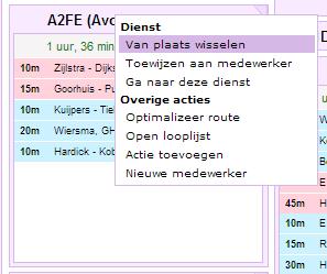 Diensten / routes van plaats wisselen in het planscherm In het V&V planscherm zijn de routes als volgt van plaats te wisselen: Wanneer je op de rechtermuisknop klikt,