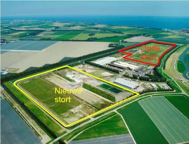 Figuur 1: Stortplaats Wieringermeer in vogelvlucht. Wieringermeer-Oost staat hier aangeduid als oude stort Figuur 2: Compartimentering Wieringermeer-Oost en locatie proefvelden voor methaanoxidatie.