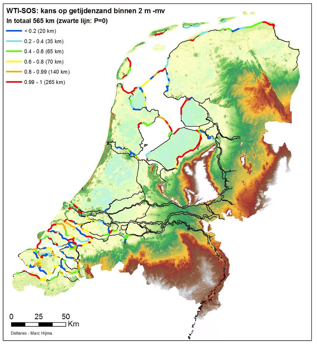 Figuur 0.5 Locaties en kansen van aantreffen van een pipinggevoelige WTI-SOS getijdeneenheid in de bovenste twee meter beneden maaiveld. B.1.