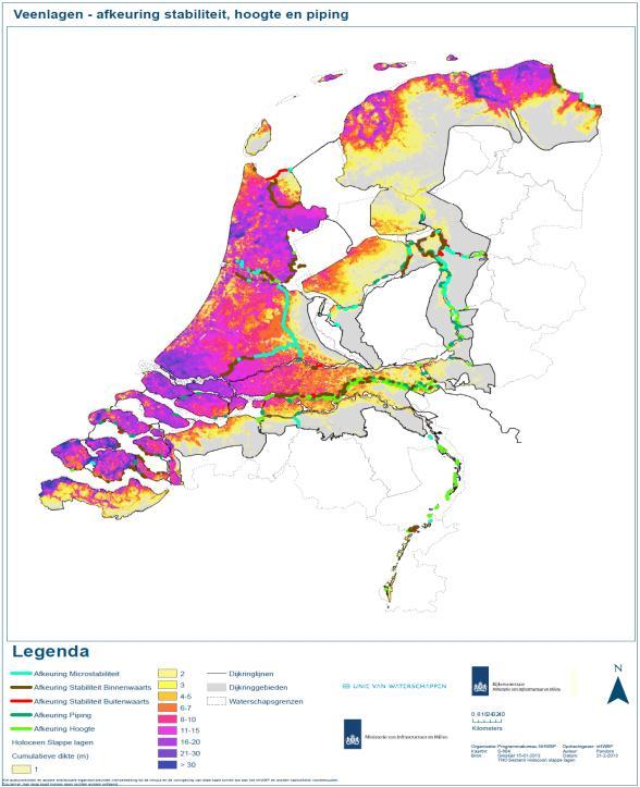 In de figuur hier rechts zijn op basis van gebiedskennis en de resultaten van de LRT3 gebieden met een blauw plakkertje gemarkeerd, waar de deklaag gevoelig is voor opdrijven.