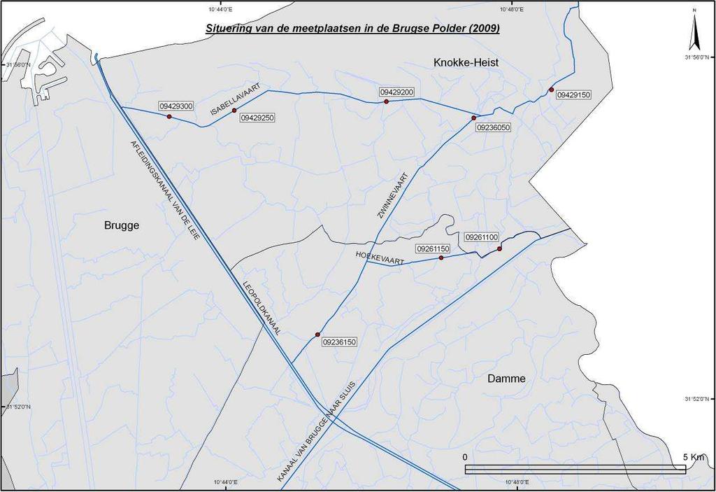 Figuur 88: Ligging van de meetplaatsen in het bekken van de Brugse polders bemonsterd in 2009 3.10