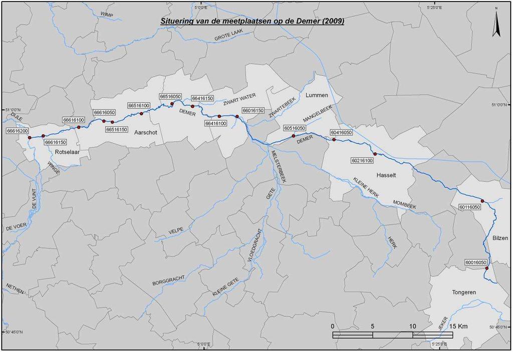 Figuur 14: Ligging van de meetplaatsen op de Demer bemonsterd in 20