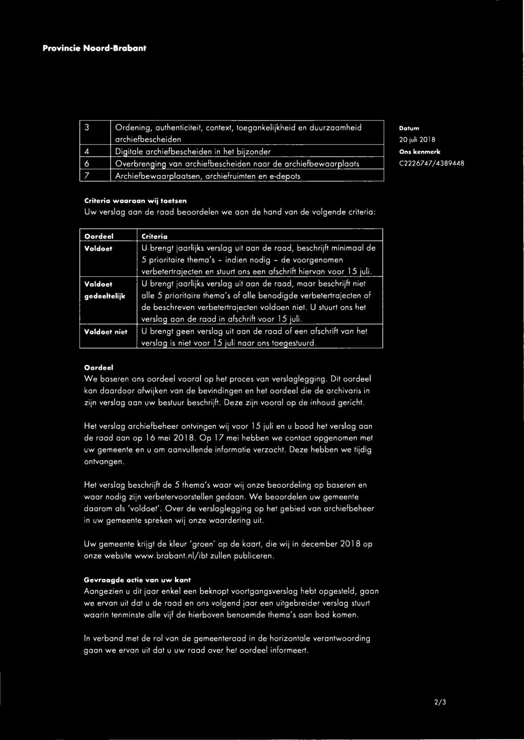 hand van de volgende criteria: Oordeel Voldoet Voldoet gedeeltelijk Voldoet niet Criteria U brengt jaarlijks verslag uit aan de raad, beschrijft minimaal de 5 prioritaire thema's - indien nodig - de