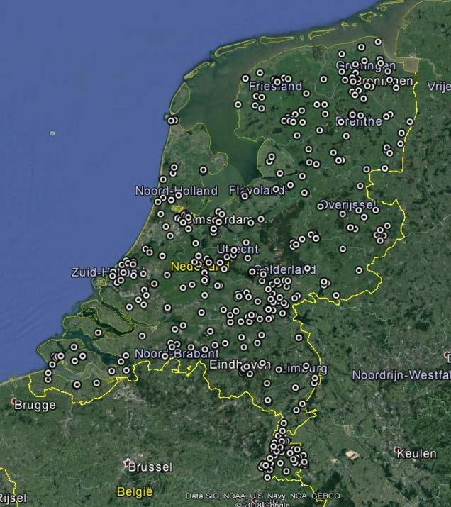 Figuur 4 Locatie van de circa 425 bedrijven en instellingen die hebben deelgenomen aan de meetcampagne Voor de specifieke werkplekken die konden worden gekoppeld aan SBIcodes zijn middels een