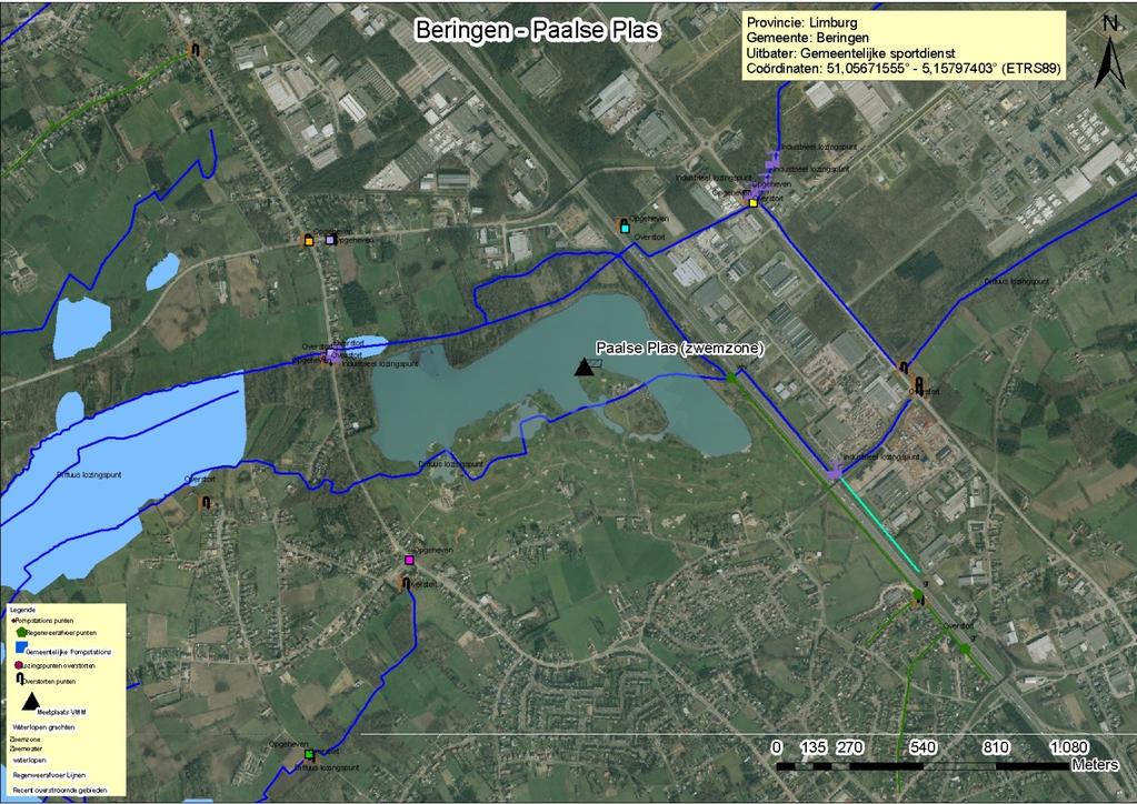 "Paalse Plas - Zwemzone". Gele lijnen zijn bestaande rioleringen.
