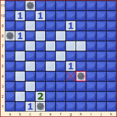 Het spelverloop Het spel begint met een bord zoals hierboven. De middelste plek is open en dat betekent dat er direct naast die plek (horizontaal, verticaal, diagonaal) geen enkele mijn ligt.