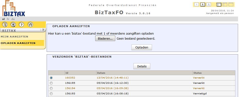 G) OPLADEN AANGIFTEN NIET te gebruiken, tenzij u een extern boekhoudprogramma heeft gebruikt om uw aangifte(n) elektronisch aan te maken.