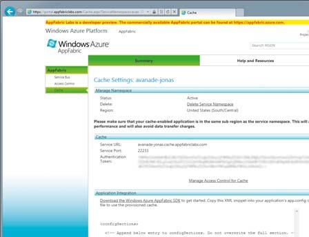 de individuele diensten worden beheerd. Op de beheerpagina voor de AppFabric Caching dienst vind je de service URL, service port en het authentication token.